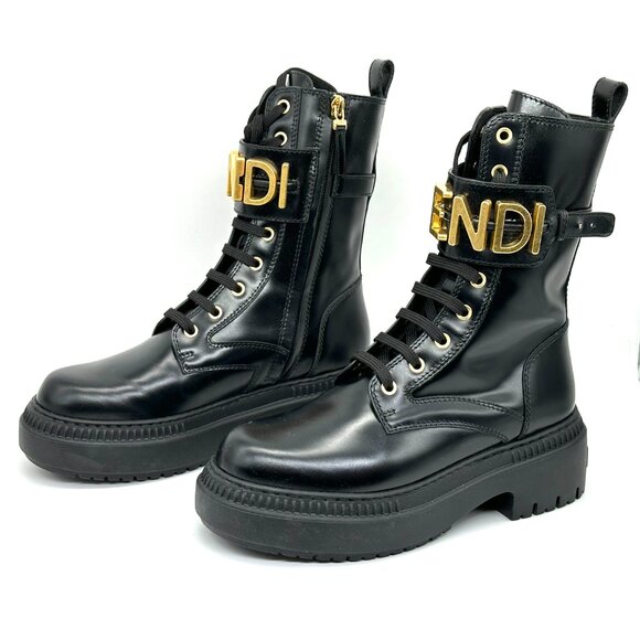 FENDI Fendigraphy Graphy Signature Logo Cuff Leather Biker Combat Boots - Picture 13 of 16